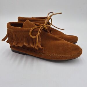 Minnetonka Brown Suede Fringe Ankle Moccasin Boots 682 Womens 8 Brown Boho